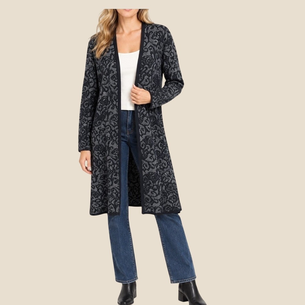 Chico's Black Metallic Jacquard Duster Cardigan Longline Open Front Sweater XL 3